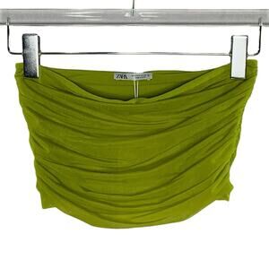 Zara S NEW Womens Ruched Chiffon Tub Top Tank Strapless Green Urban Modern